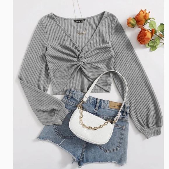 Waffle Style Green-Grey Twist Knot Top - Picture 1 of 1